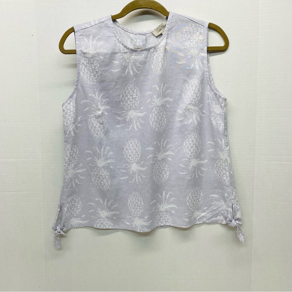 Charlie Paige Pineapple Print Linen Blend Medium Button Back Sleeveless Top Blue
